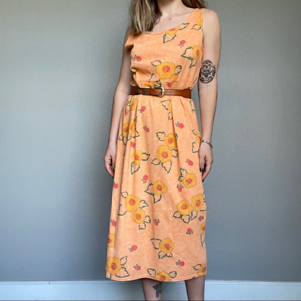 Vintage 90s Styleworks Novelty Fruit Peach Summer Maxi Tank Cotton Dress Sz L
